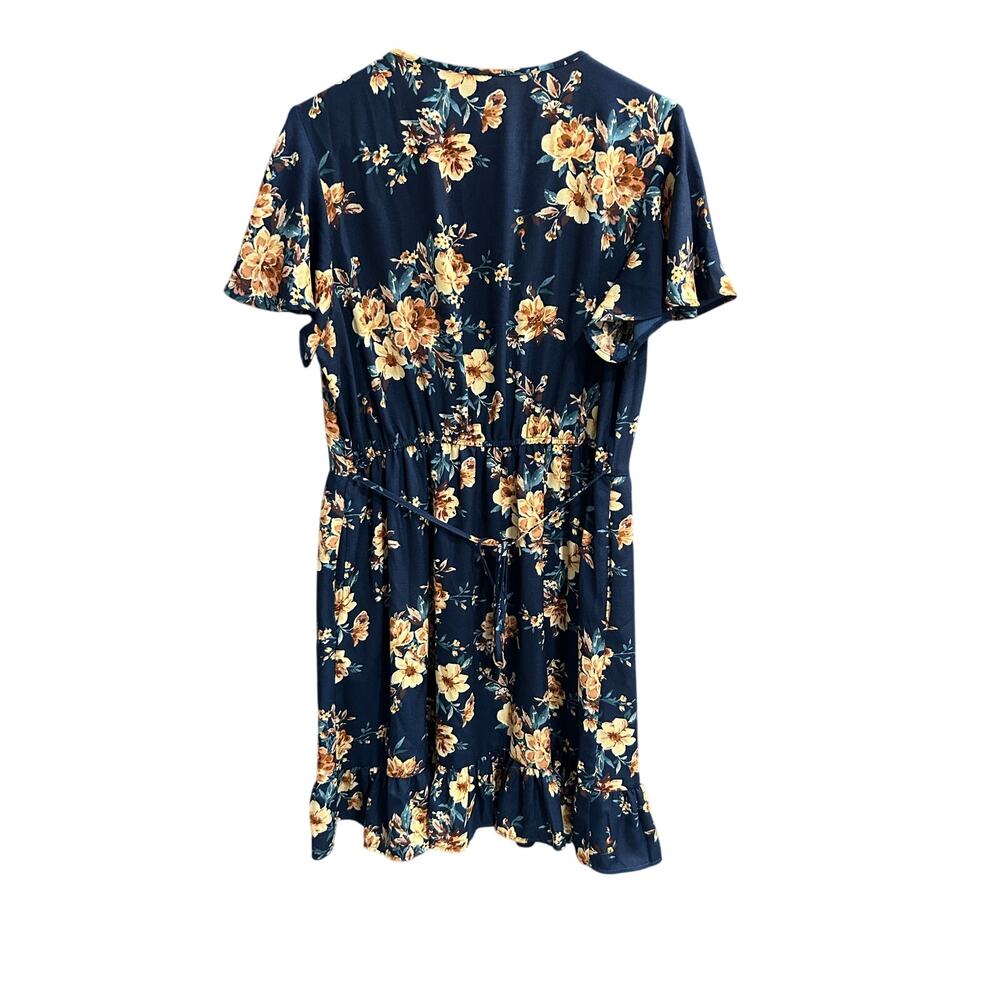 Xhilaration Blue Yellow Floral Mini Dress Ruffle Hem Flutter Sleeve Pockets L - Picture 2 of 14